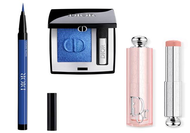 Delineador de ojos Diorshow On Stage Liner 301 Shimmer Mint; colorete Rosy Glow en tono 006 Berry y bálsamo labial Lip Glow Butter en el tono 105 Lychee, todo de Dior Belleza.